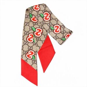 GUCCI Apple Special Edition Red and Brown Monogram Silk Scarf